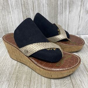 SAM EDELMAN ROMY 7M Snake Print Cork Wedge Heel Thong Sandal Silver Strap